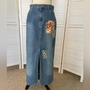 Maxi Midi Jean Skirt Women Upcycled 8 Blue Denim Patchwork Front Slit Pockets